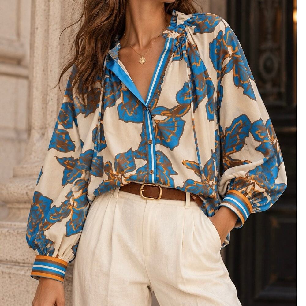 Jade Melody Tam Large Floral Print VNeck Ruffle Peasant Sleeve Blouse Size Large